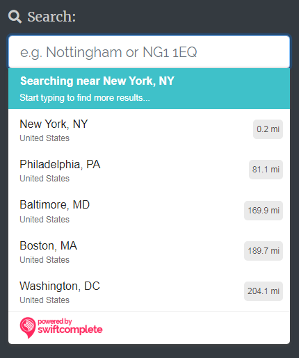 Searching for large cities near New York, USA