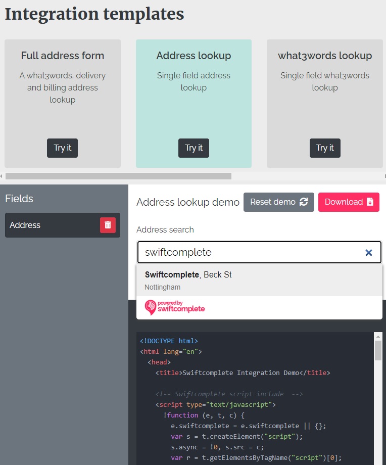 Trying address autocomplete with Swiftcomplete's integration builder