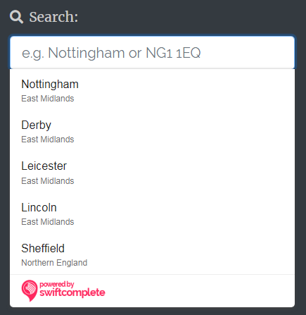 Swiftcomplete Places city autocomplete with location biasing towards Nottingham
