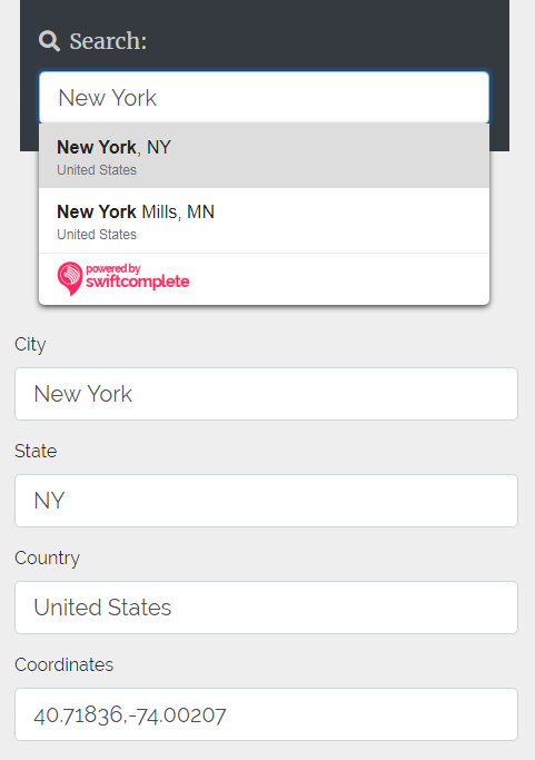 Using Swiftcomplete Places to populate city, state, country and coordinates for New York