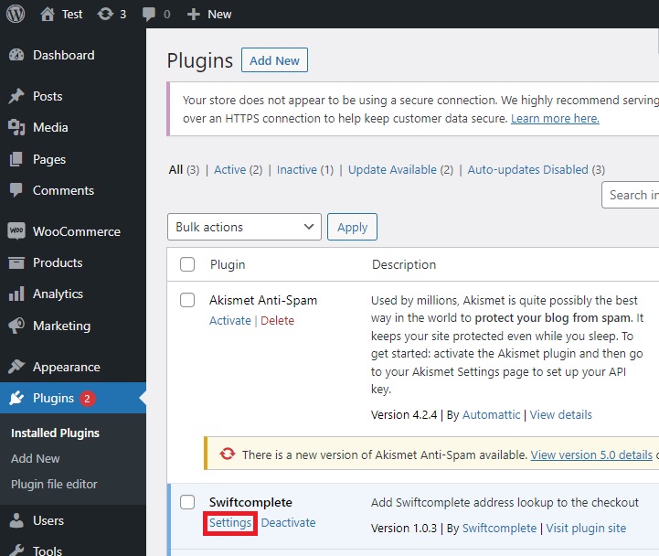 Swiftcomplete settings page